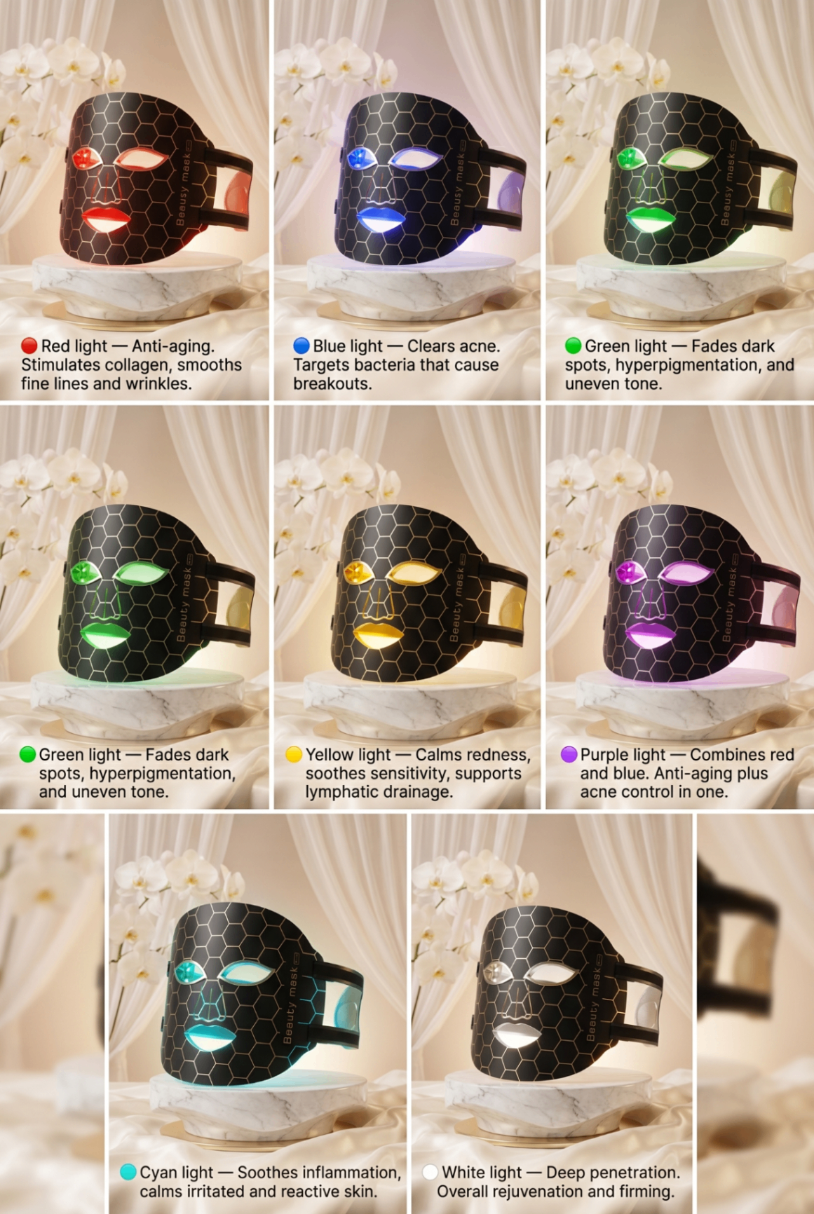 Overview of the Luméa mask's red, blue, green, yellow, purple, cyan, and white light modes