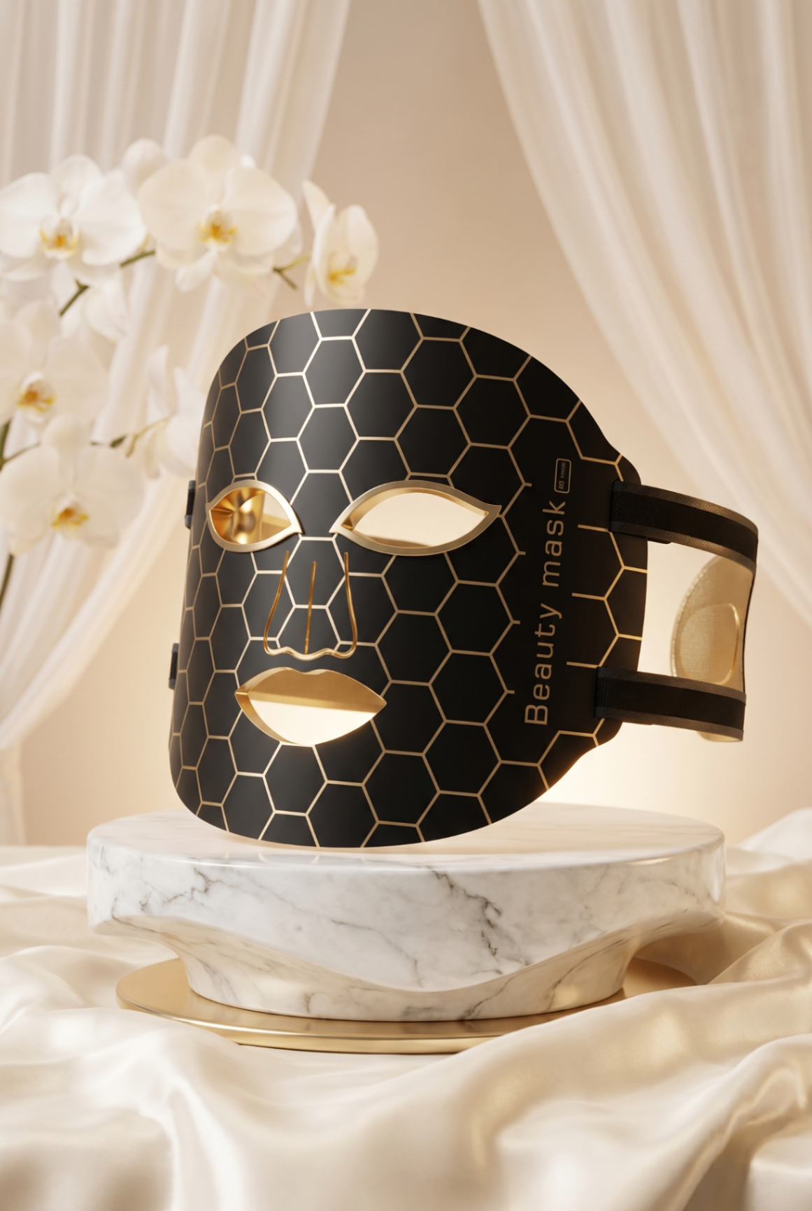 Luméa LED light therapy mask displayed on a pedestal