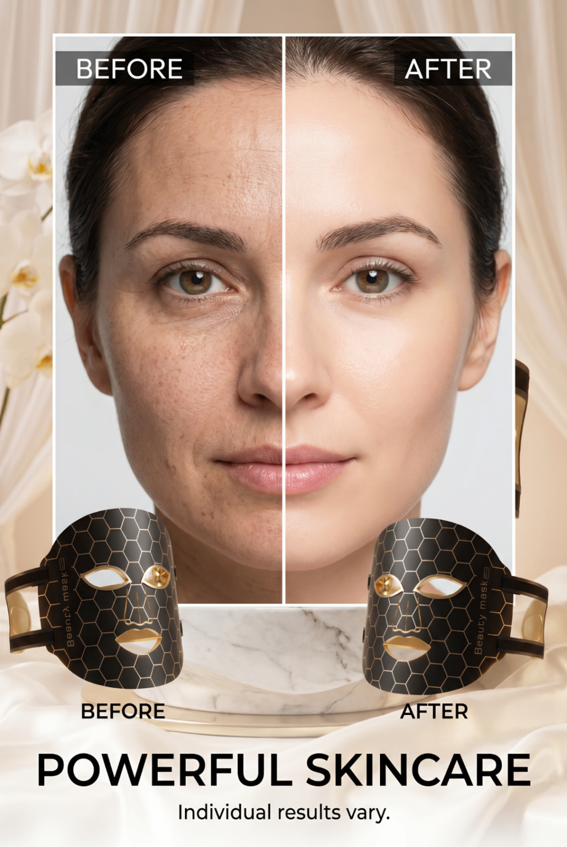 Before and after skincare result visual for Luméa mask use
